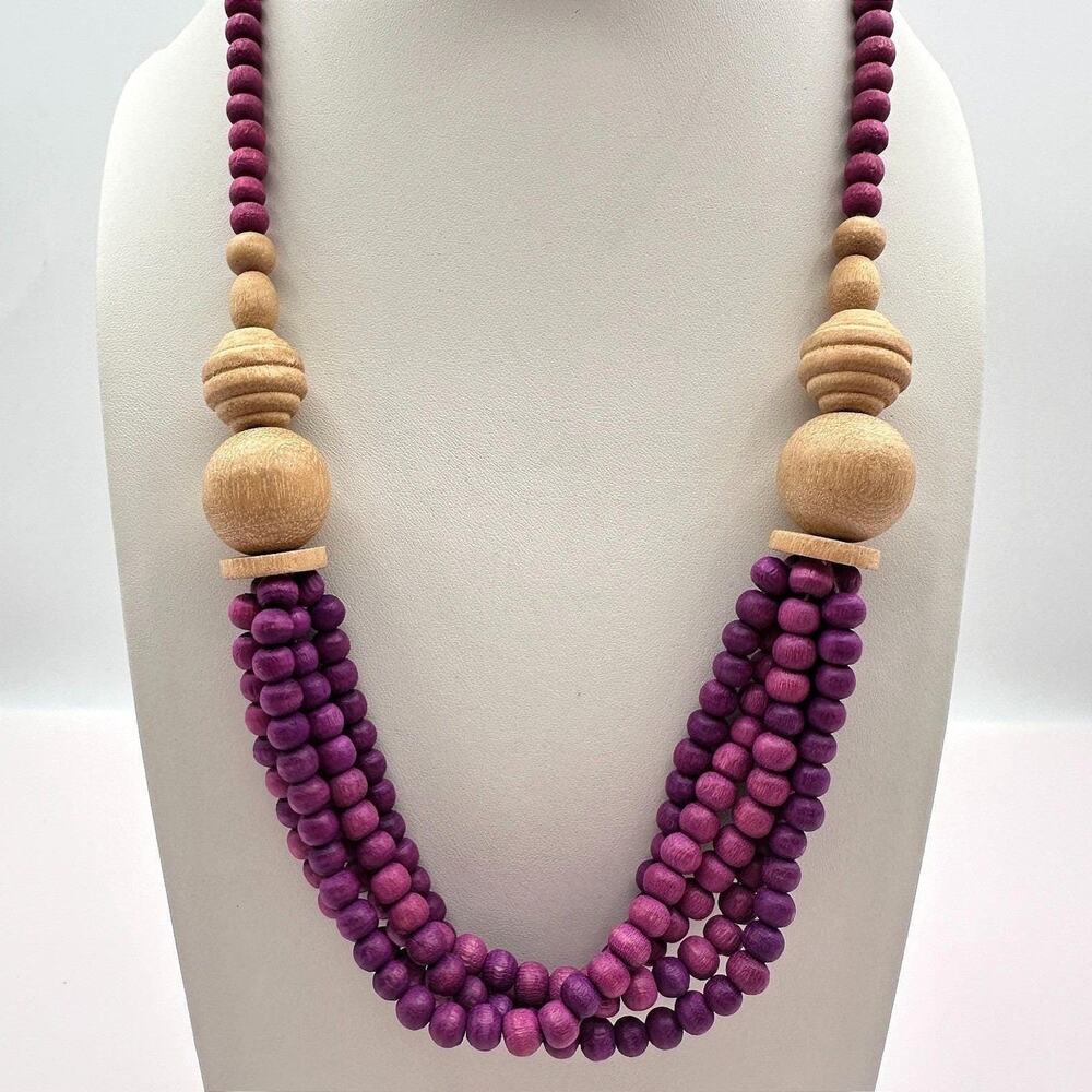 Vintage Y2K Natural Wooden Purple Beaded Triple-Strand Women's Necklace Jewelry
